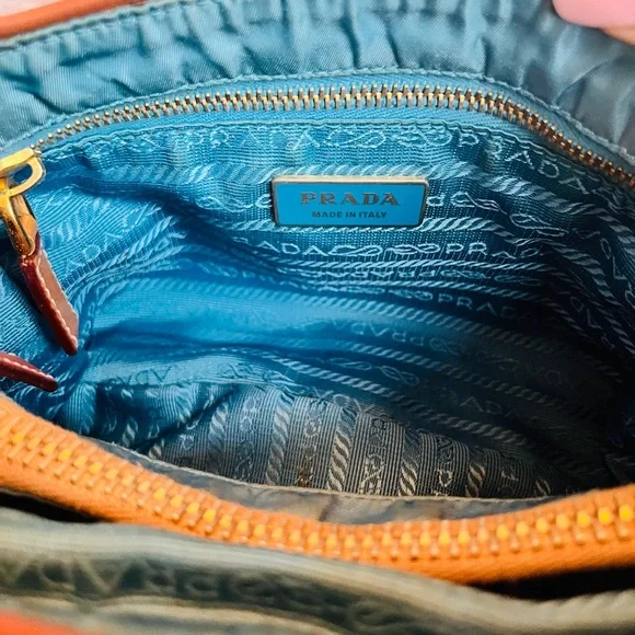 Prada Vintage Beige Mixed Material Multicolor Bag w/Leather Trim & Teal Interior - Picture 7 of 17